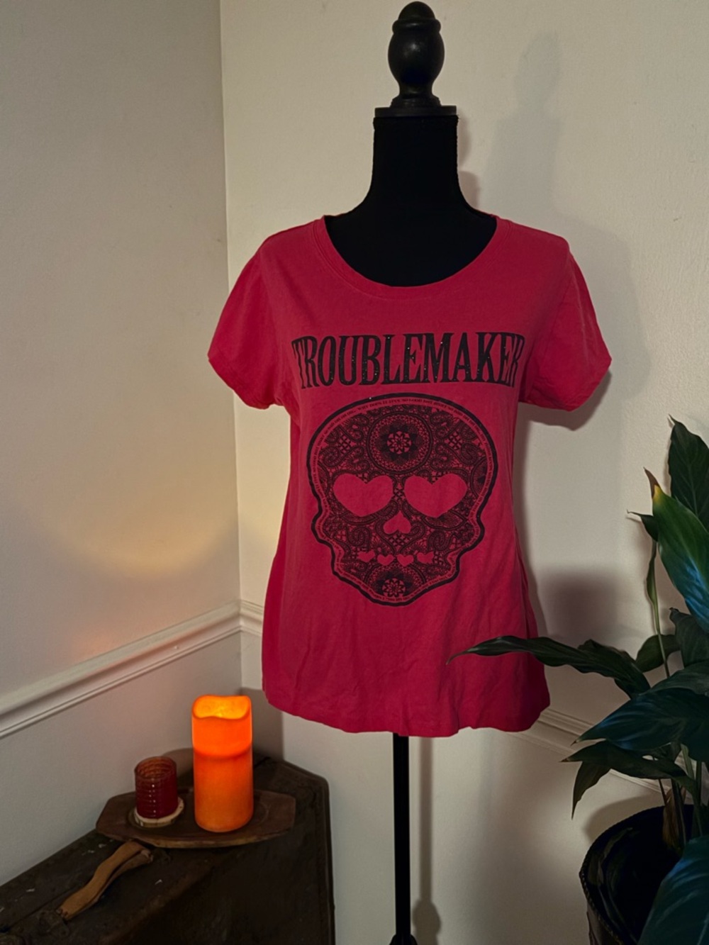 Troublemaker Graphic Tee - Pink Skull Print